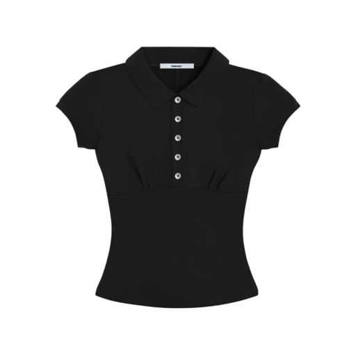Dámska polokošile crop top Čierne prevedenie Výstrih do V s golierikom a gombíkmi Polyesterový krátky top moderný štýl