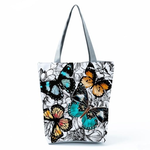 Dámská polyesterová taška s potiskem barevných motýlů a květin Shopper se dvěma šedými uchy a obdélníkovým tvarem 27 x 37 x 8 cm