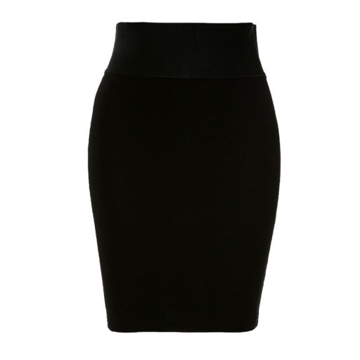 Dámska priliehavá mini sukňa s vysokým pásom Široký pružný pás Pouzdrový strih Čierna farba Polyester a spandex Elastická látka