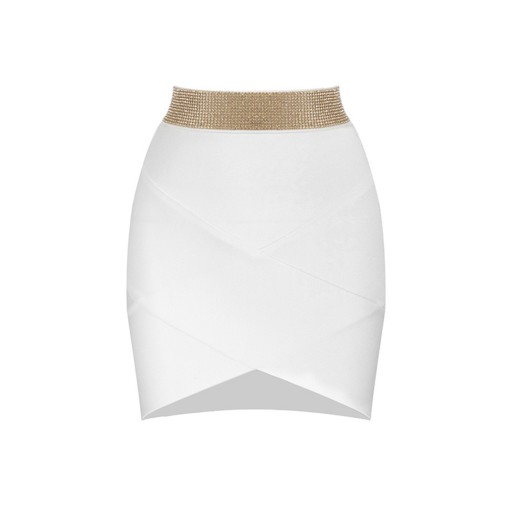 Dámska priliehavá mini sukňa so širokým pásom zdobeným kamienkami Prekrižované pruhy látky Lem s cípmi Nylon umelé hodvábie a spandex