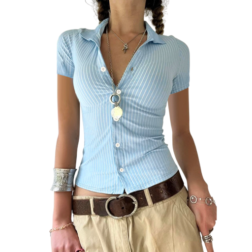 Dámská pruhovaná košile s krátkým rukávem Elegantní crop halenka s knoflíky Stylová upnutá letní košile Ležérní top do pasu