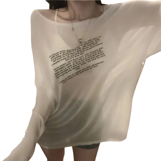 Damska prześwitująca koszulka z długim rękawem Luźny krój Fason z odkrytymi ramionami Modny top w stylu streetwear z napisem na piersi Seksowny strój na lato