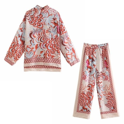 Dámská souprava košile a kalhoty s pestrým ornamentálním vzorem Košile s dlouhým rukávem Široké kalhoty s pružným pasem Polyester