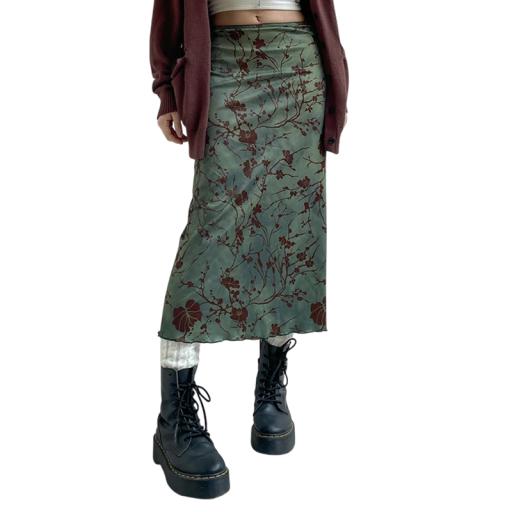 Damska spódnica midi w kolorze zielonym w stylu vintage z kwiatowym nadrukiem Elegancka spódnica z niskim stanem Lekka tkanina Letni styl boho