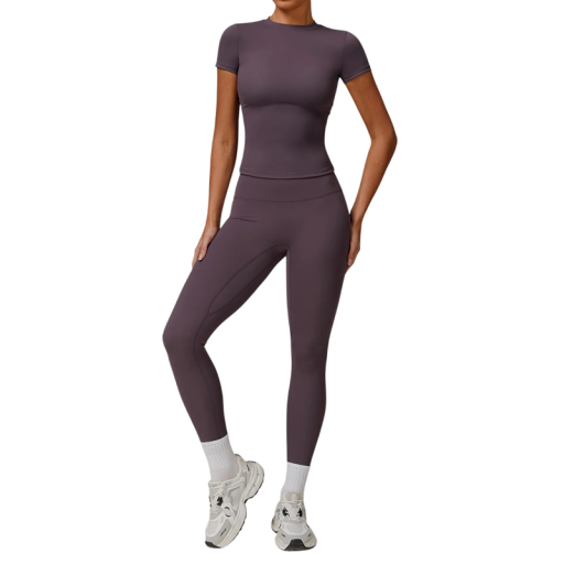 Dámská sportovní souprava s legínami a tričkem s krátkým rukávem, jednobarevné, nylon, polyester, pohodlná a stylová pro fitness