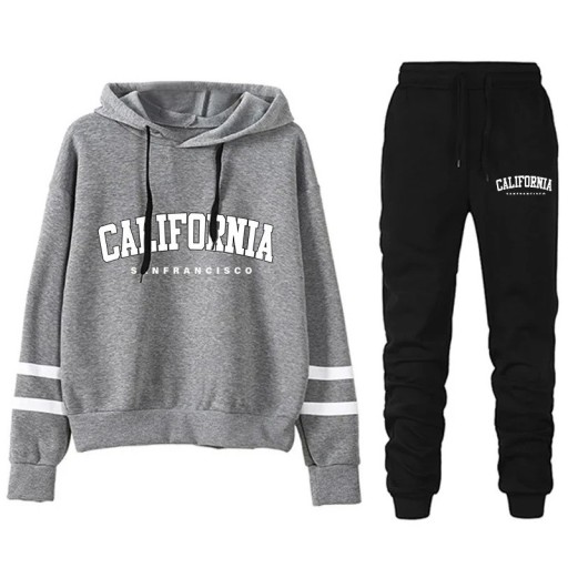 Dámska súprava s nápismi California, tepláky, mikina s kapucňou, polyester