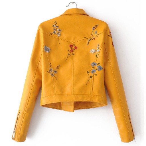 Damska sztuczna skórzana kurtka z motywem kwiatowym - żółty