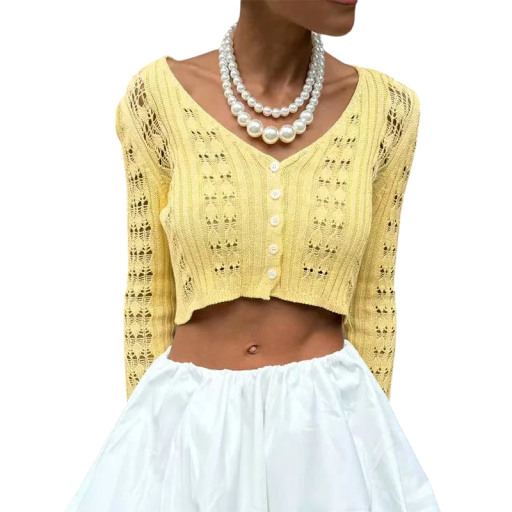 Damska szydełkowa koszulka z długim rękawem, elegancki, oddychający sweter zapinany na guziki, lekki letni top w stylu vintage i romantycznym