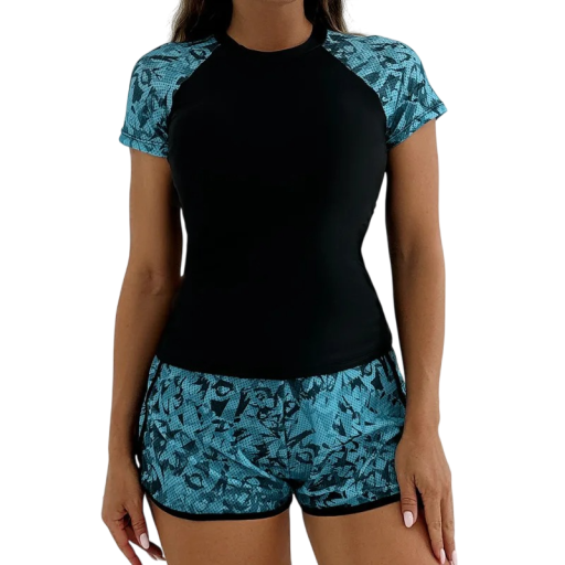 Damska tankini med korta ärmar och sportiga shorts polyester elastan badset för strand och simning