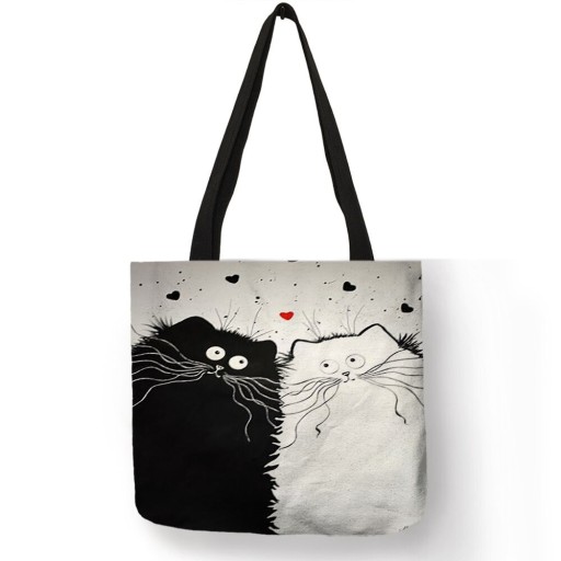Dámska taška s čiernobielym potlačom kreslených mačiek Ľanový polyester Štvorcový tvar 40 x 40 cm Čierne uši Veľké oči a dlhé vousky