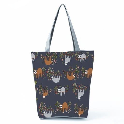 Dámská taška s potiskem lenochodů Vyšší tvar s rozšířeným dnem 27 x 37 x 8 cm Dlouhá šedá ucha Polyester Hravý kreslený motiv zvířátek