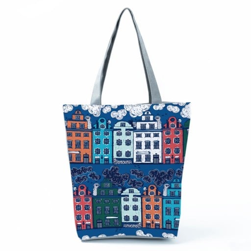 Dámská taška s potiskem slavných památek a historických měst Polyesterová taška 27 x 37 x 8 cm se šedými uchy Prostorný obdélníkový tvar
