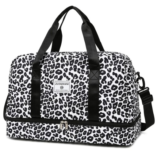Damska torba sportowa podróżna 49 x 24,5 x 32 cm Czarny wzór panterki Pojemna i wytrzymała Torba treningowa Torba fitness z modnym nadrukiem