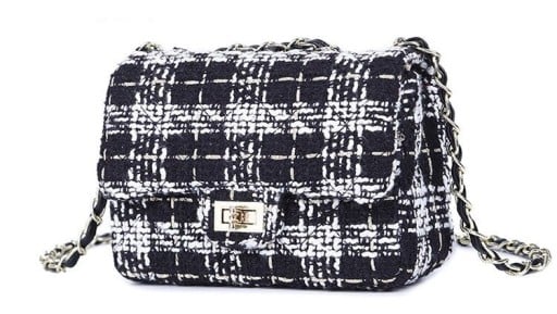 Damska torebka crossbody z klapą i łańcuszkowym paskiem Strukturalna tkanina z tweedowym wyglądem Metalowe zapięcie Wełna i skóra PU