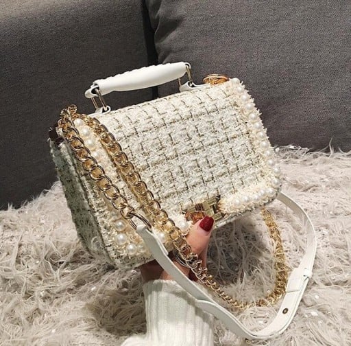 Damska torebka crossbody z łańcuszkiem i uchwytem Wzór w kostkę z perłami Klapa z zapięciem Wełna i poliester 21 x 14 x 8 cm