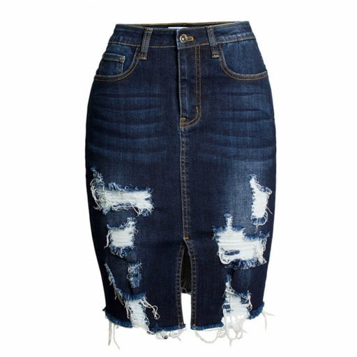 Dámská trhaná džínová sukně ke kolenům s rozparkem vpředu Úzký pouzdrový střih Roztřepený lem Kontrastní prošití Tmavě modrá Bavlna