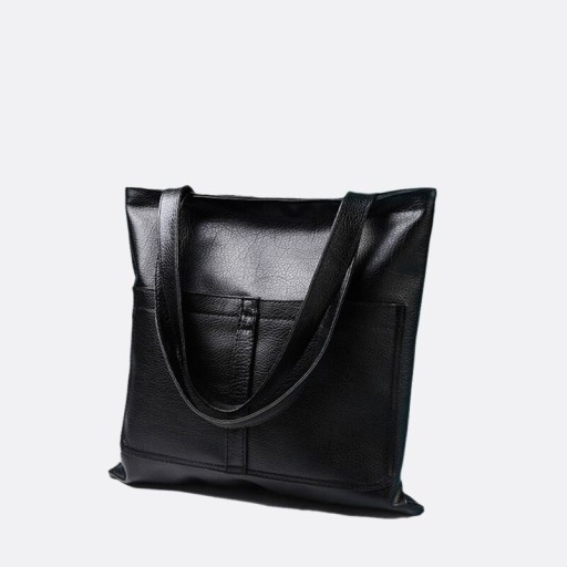 Dámska veľká kabelka cez rameno z umelej kože Čierna taška shopper s dlhými uchami Dve predné vrecká Štvorcový tvar 35 x 35 cm