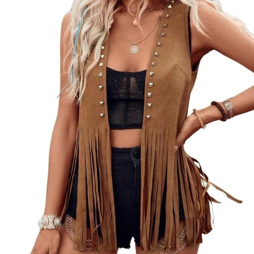 Dámská vesta s třásněmi a kovovými cvočky bez zapínání polyester elastan bez rukávů pro volnočasové nošení a stylové vrstvení