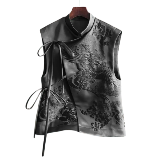 Dámská vesta s výšivkou a zavazováním na boku bez rukávů polyester elegantní střih pro společenské nošení i stylové vrstvení