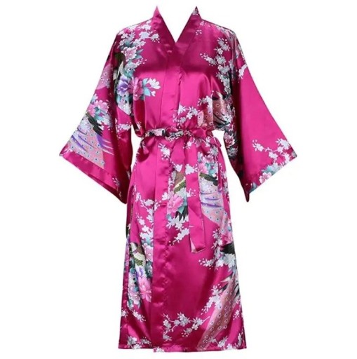 Damskåpa med blommönster Elegant lätt kåpa i satinliknande material Knut i midjan med snöre Mjuk polyester och satinliknande effekt för hemmets bekvämlighet