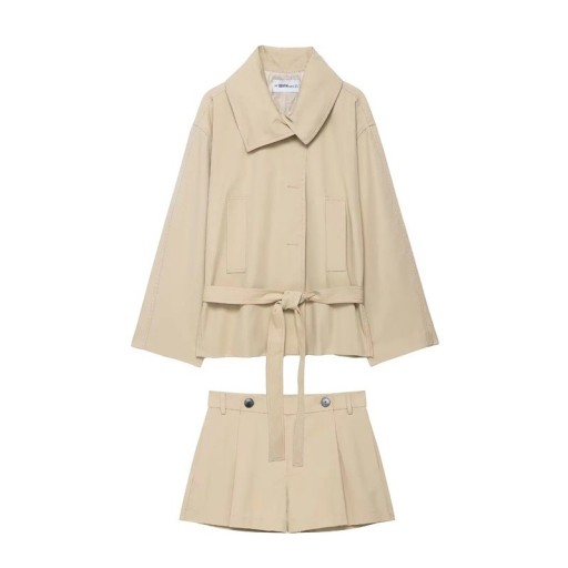 Damskapa och kjol Tvådelad set Klädd krage Lång ärm Midja med bälte Främre fickor Polyester Beige För vår och höst