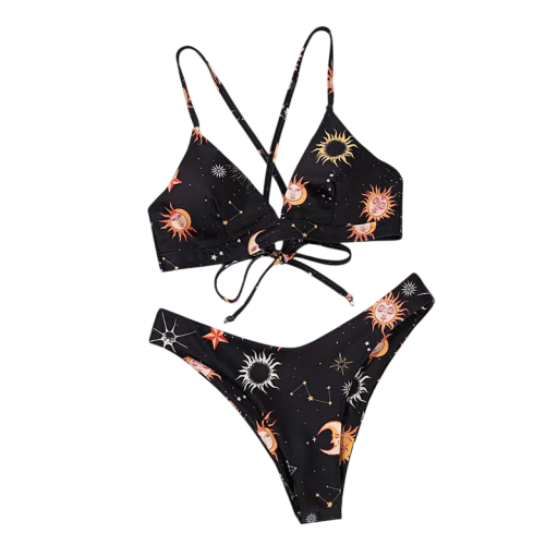 Dámske dvojdielne bikiny s astrologickým vzorom Trojuholníková podprsenka Prekrížené ramienka Vysoký pás Štýlové plavky na pláž