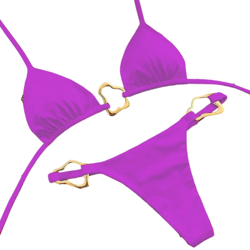Dámske dvojdielne bikiny s kovovými zlatými sponami Trojuholníkový top a nohavičky s výrezmi Elegantné plavky na pláž aj opaľovanie