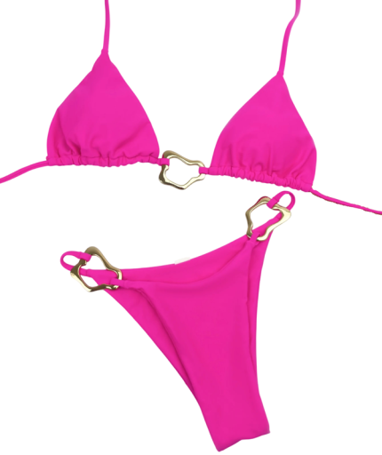 Dámske dvojdielne bikiny s kovovými zlatými sponami Trojuholníkový top a nohavičky s výrezmi Elegantné plavky na pláž aj opaľovanie