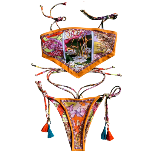 Dámske dvojdielne bikiny s výrazným kvetinovým vzorom Bandana top Zaväzovacie nohavičky so strapcami Originálny strih Letné plavky na pláž