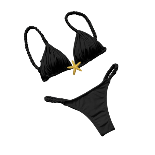 Dámske dvojdielne bikiny so vrkočovými ramienkami a hviezdicou Trojuholníkový top so strapcami a tangá nohavičky Ideálne plavky na leto