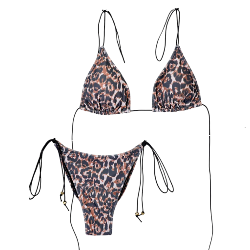 Dámske leopardie mini bikiny s trojuholníkovým strihom Zaväzovanie na šnúrky Elegantný vzhľad a zlaté korálky na bokoch
