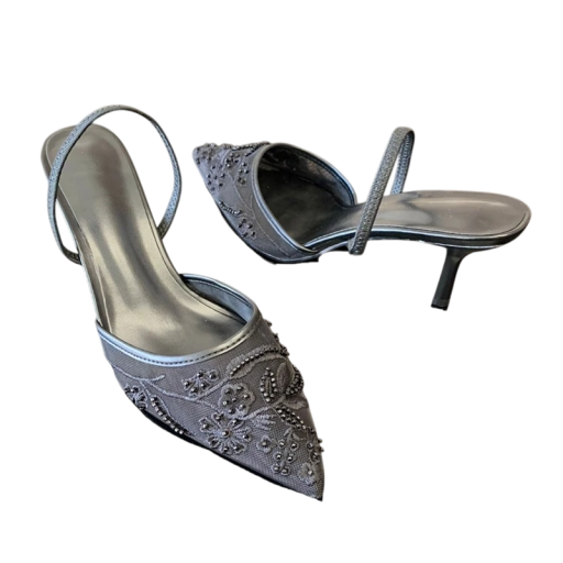 Dámske lodičky slingback so špičatou špičkou a jehlovým podpatkom kvetinová výšivka na sieťovine svršok PU gumová podrážka na svadbu