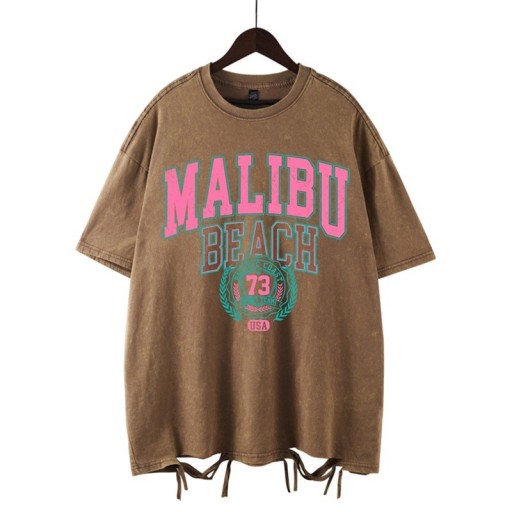 Dámské oversized tričko MALIBU BEACH s vintage potiskem a ozdobným vázáním Streetwear top Ležérní letní móda Stylový volnočasový oděv