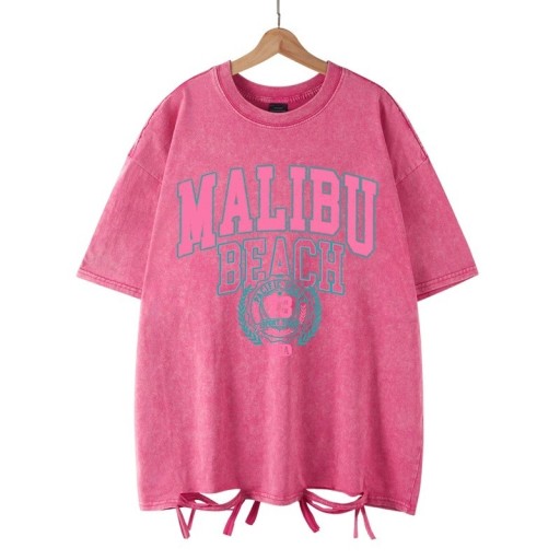 Dámske oversized tričko MALIBU BEACH s vintage potlačou a ozdobným viazaním Streetwear top Ležérna letná móda Štýlový voľnočasový odev
