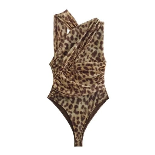 Dámské přiléhavé body bez rukávů s odhalenými rameny překříženým předním dílem řasením a síťovinou z pružného materiálu leopardí