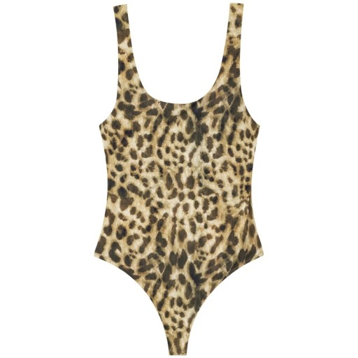 Dámské přiléhavé body na širší ramínka s hlubokým kulatým výstřihem a vysoce vykrojenými nohavičkami z pružného materiálu leopardí
