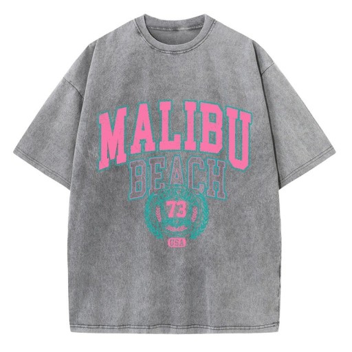 Dámske tričko s vintage potlačou MALIBU BEACH Voľný strih Letný streetwear top Retro štýl Oblečenie na voľný čas Módny športový design