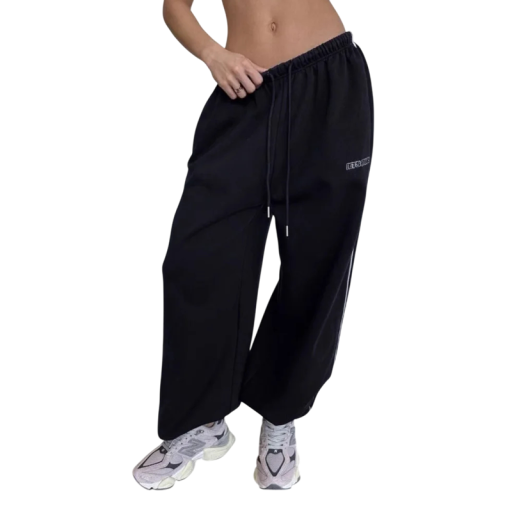Dámske voľné tepláky streetwear s vysokým pásom na gumu so šnúrkou širokými nohavicami a kontrastným pruhom pozdĺž bočného švu