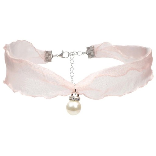 Damski choker naszyjnik z zawieszką perły z zapięciem bawełnianym różowy delikatny tekstylny dodatek na szyję do codziennego noszenia