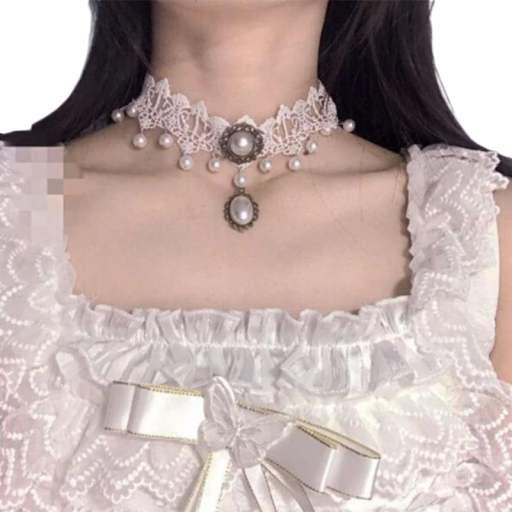 Damski koronkowy choker naszyjnik z zawieszką i perłowymi ozdobami z zapięciem koronka biała elegancki biżuteria na szyję na uroczyste okazje