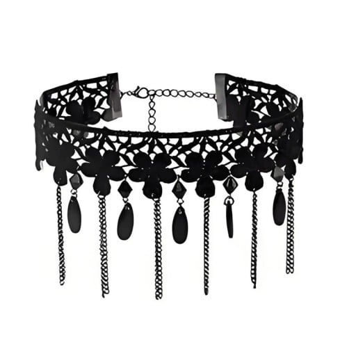 Damski koronkowy choker z kwiatowym wzorem i wiszącymi łańcuszkami z zapięciem 32 + 5 cm naszyjnik koronkowy czarny na szyję dodatek
