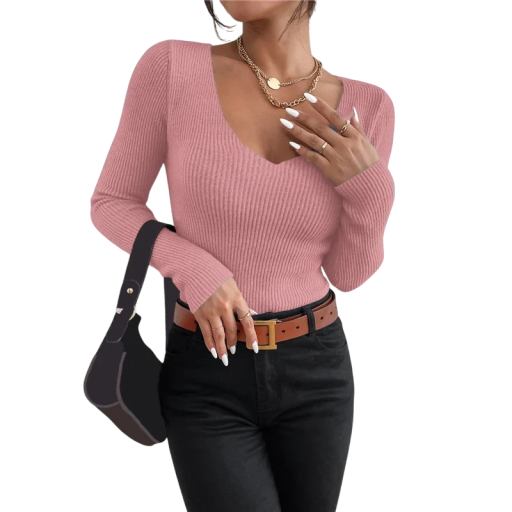 Damski sweter pleciony z bawełny i akrylu z dekoltem w serek Jednobarwny elegancki sweter z długim rękawem Uniwersalny rozmiar do codziennego noszenia