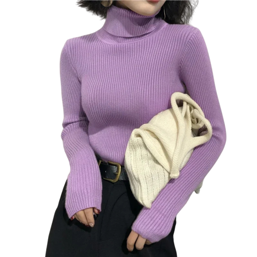 Damski sweter z golfem z bawełny i akrylu Jednokolorowy elegancki sweter dziany z długim rękawem Uniwersalny rozmiar na jesień i zimę