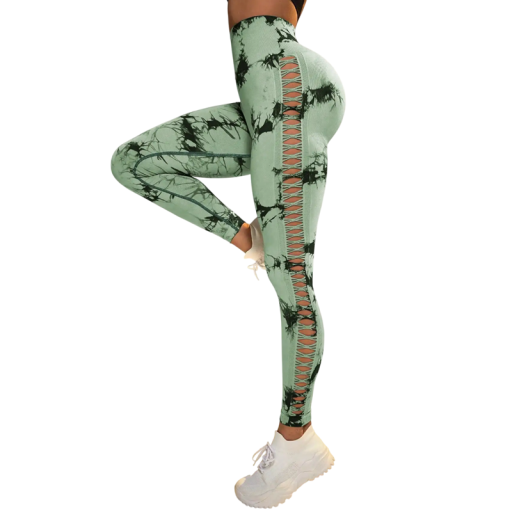 Damskie legginsy bezszwowe z wysokim stanem i efektem tie-dye, z siateczką i elastycznym wzorem z boku, do ćwiczeń fitness