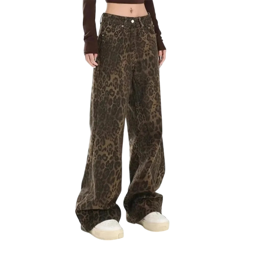 Damskie luźne jeansy z nadrukiem w panterkę Brązowe szerokie nogawki Casual Jeansy Streetwear Stylowe spodnie z nadrukiem w panterkę