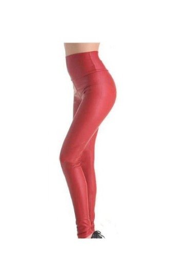 Damskie modne legginsy z sztucznej skóry - czerwony