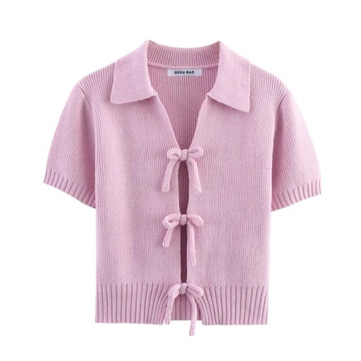 Dámsky svetrový crop top s límečkom Krátky rukáv Tři tkaničky na zavazovanie vpredu Jednobarevný letný top Rôzne farby Polyester Bavlna