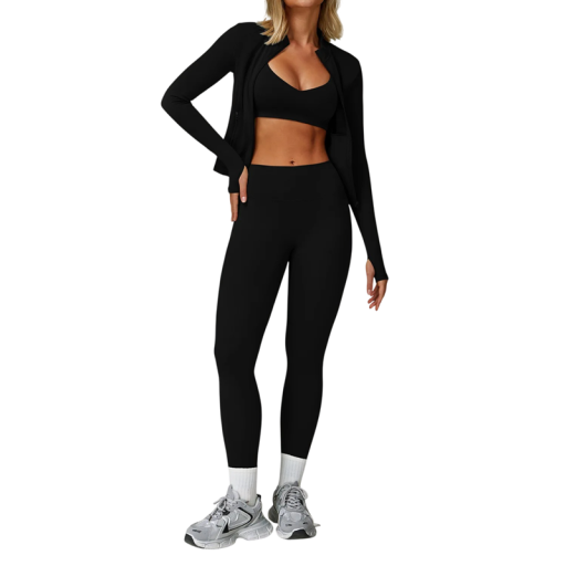 Damsportset med ziptröja, leggings och sportbh, enfärgad, nylon, spandex, bekväm och stilfull för fitness och fritid