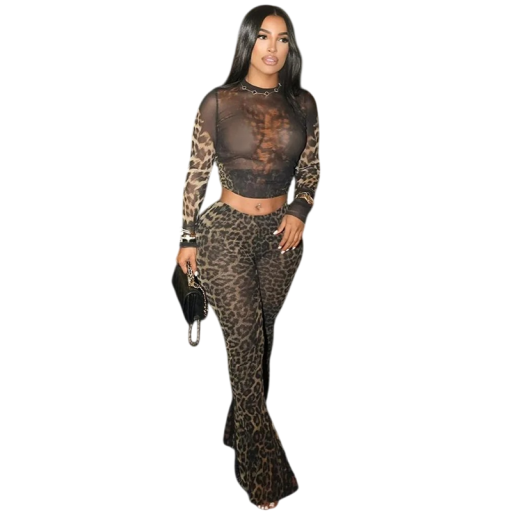 Damsset Genomskinlig nätad crop top och utsvängda byxor Elastiskt material polyester och elastan Leopardmönster För fest och kvällspromenader