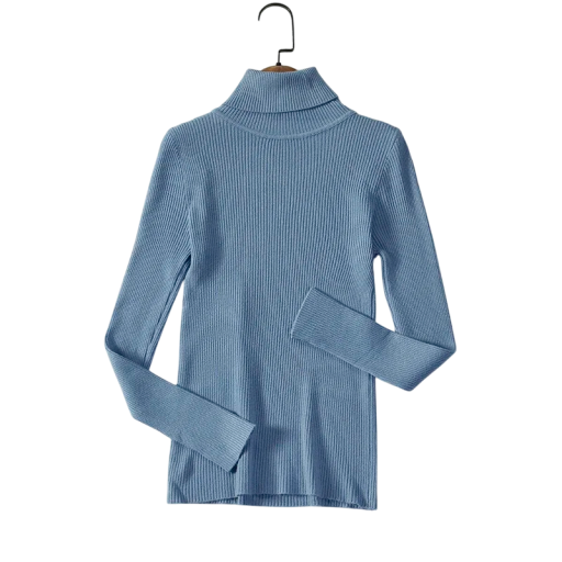 Damtopp i stickad bomull och polyester med rullkrage Enfärgad elegant tröja med långa ärmar Universell storlek för höst och vinter